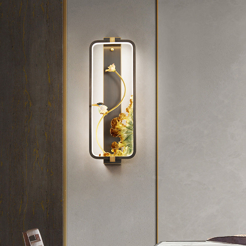 Traditional Chinese Lotus Enamel Copper Rectangular Frame LED Wall Sconce Lamp For Bedroom