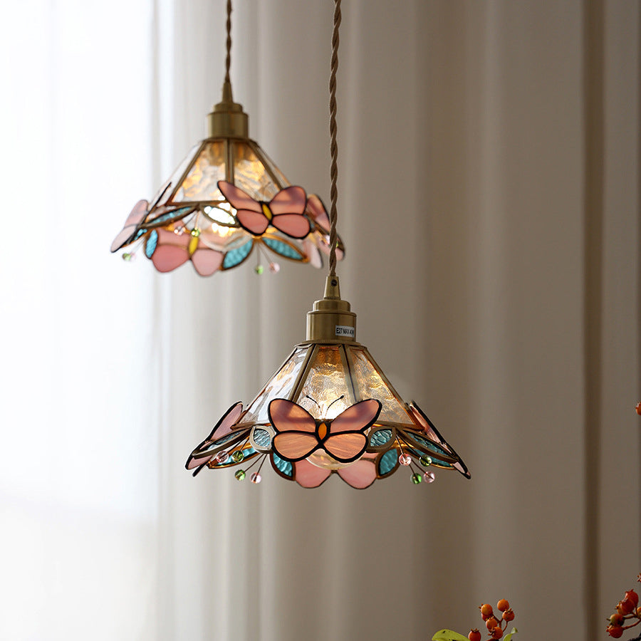 Traditional Vintage Cone Butterfly Brass Glass 1-Light Pendant Light For Living Room