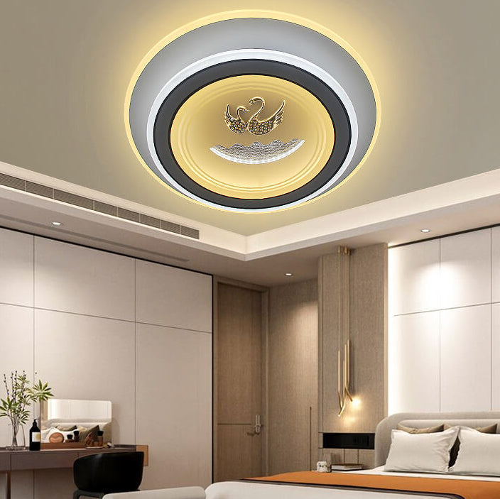 Contemporary Creative Diamond Mandarin Ducks Design Acrylic Round Shade LED Flush Mount Ceiling Light For Bedroom