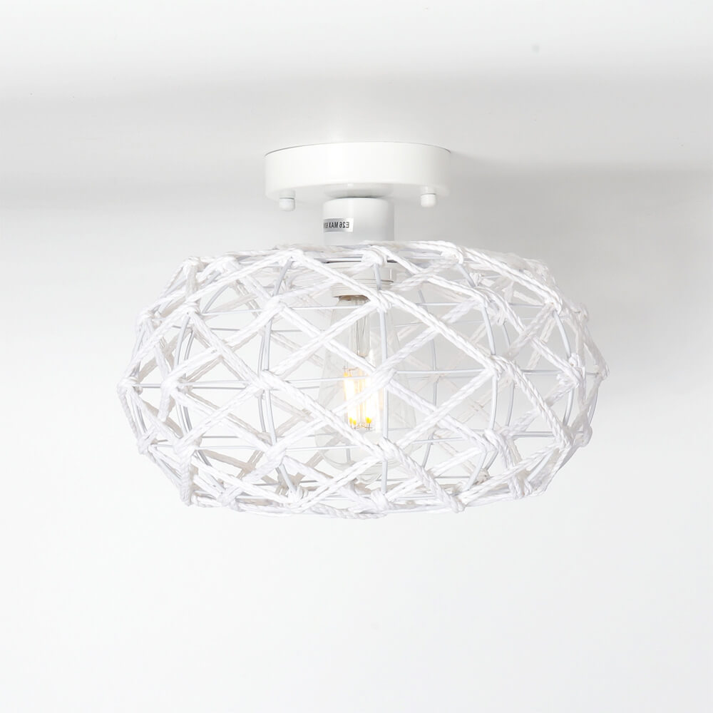 Contemporary Coastal Oval Iron Paper Rope 1-Light Semi-Flush Mount Ceiling Light For Living Room