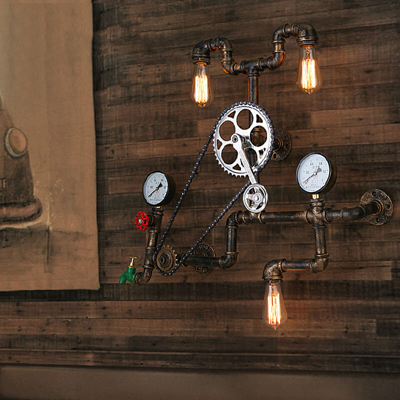 Contemporary Industrial Iron Plumbing Gear 3-Light Wall Sconce Lamp For Living Room