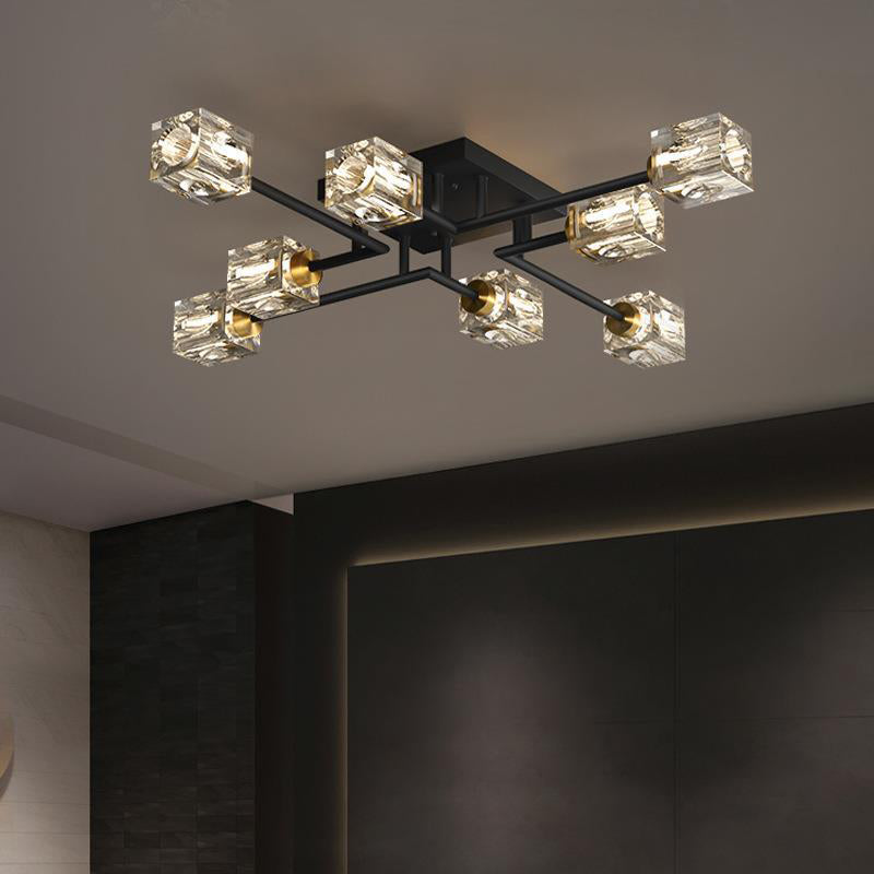 Contemporary Luxury Branch Rectangle Full Copper Crystal 4/6/8 Light Semi-Flush Mount Ceiling Light For Living Room