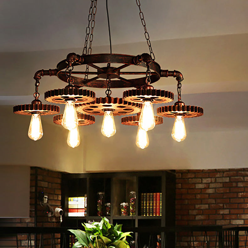 Traditional Vintage Iron Round Frame Gear Design 7-Light Chandelier For Living Room