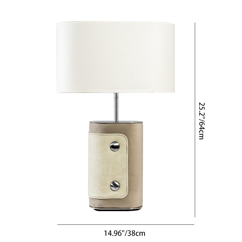 Modern Transitional Fabric Cylinder Shade Leather Column Base 1-Light Table Lamp For Bedroom