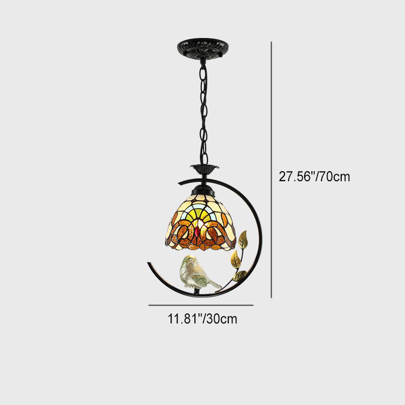 Traditional Tiffany Mediterranean Stained Glass Bird Decoration 1-Light Pendant For Living Room