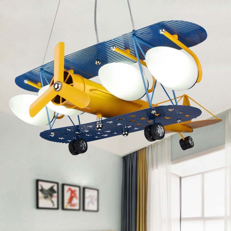 Contemporary Creative Cartoon Metal Aircraft Glass Shade 5-Light Kids Chandelier For Bedroom