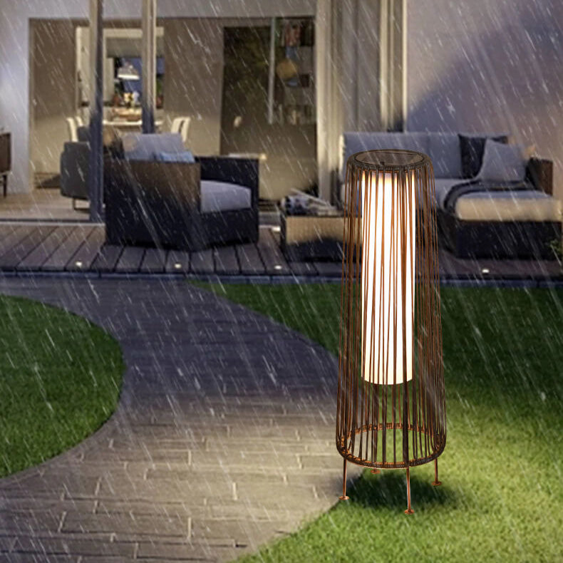 Modern Minimalist Solar Waterproof Round Vertical Pull Strip Iron Rattan LED Standing Floor Lamp For Outdoor Patio