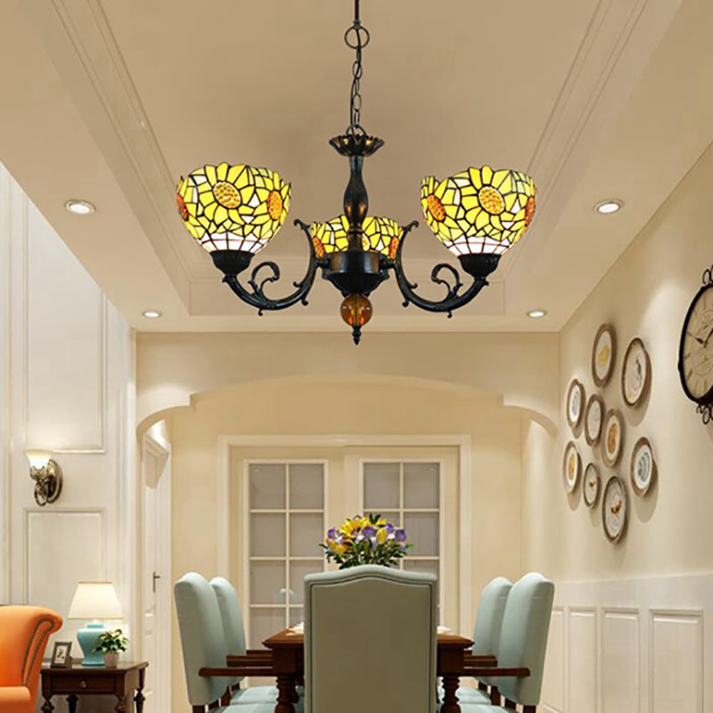 Traditional Tiffany Pastoral Yellow Sun Flower Pattern Stained Glass 3-Light Chandelier For Dining Room