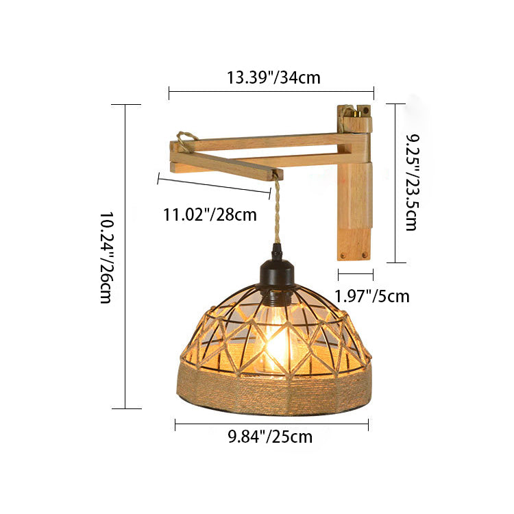 Traditional Vintage Half Round Wood Iron Hemp Rope 1-Light Wall Sconce Lamp For Bedroom