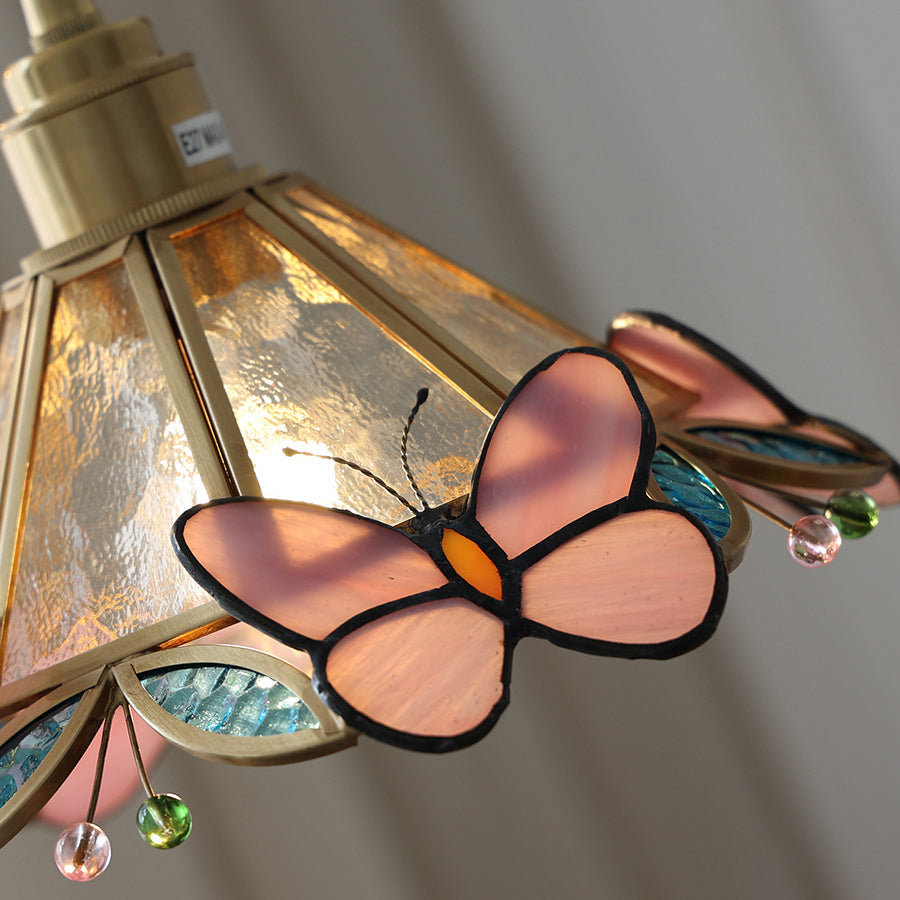 Traditional Vintage Cone Butterfly Brass Glass 1-Light Pendant Light For Living Room