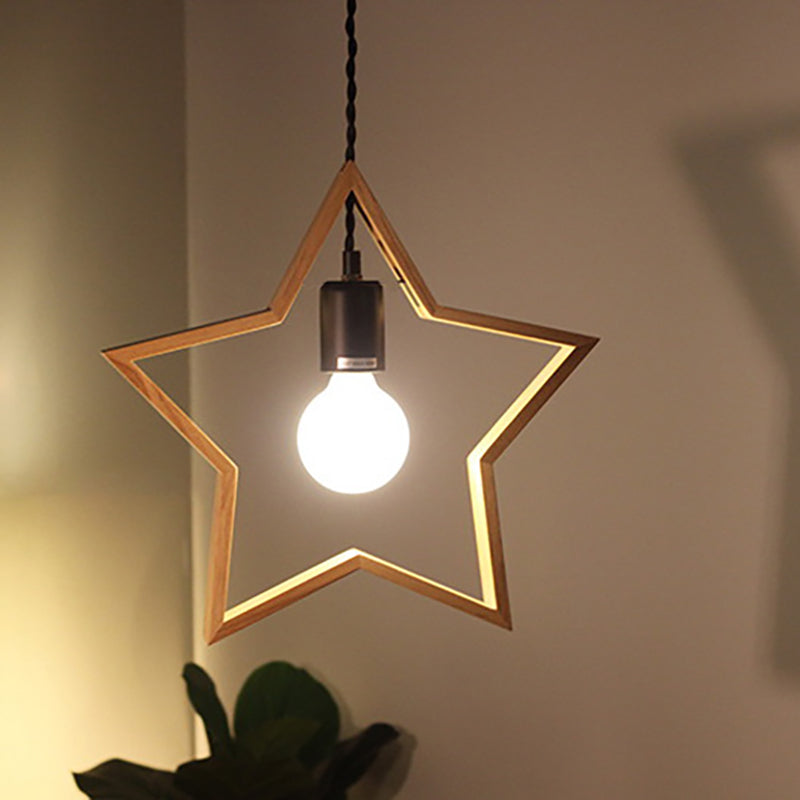 Contemporary Creative Solid Wood Pentagram Star 1-Light Pendant Light For Living Room