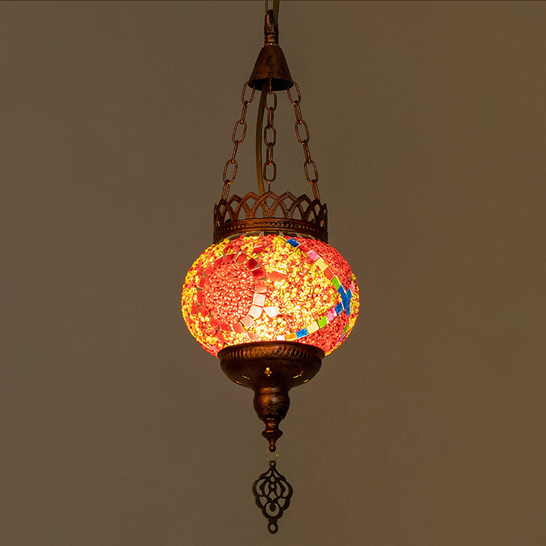 Contemporary Boho Iron Frame Stained Glass Ball Shade 1-Light Pendant Light For Living Room