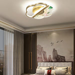 Traditional Chinese Enamel Lotus Acrylic Shade Brass Frame LED Semi-Flush Mount Ceiling Light For Living Room