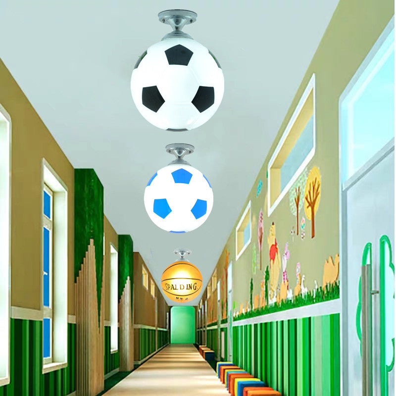 Contemporary Creative Football Glass Shade 1-Light Semi-Flush Mount Ceiling Light For Bedroom