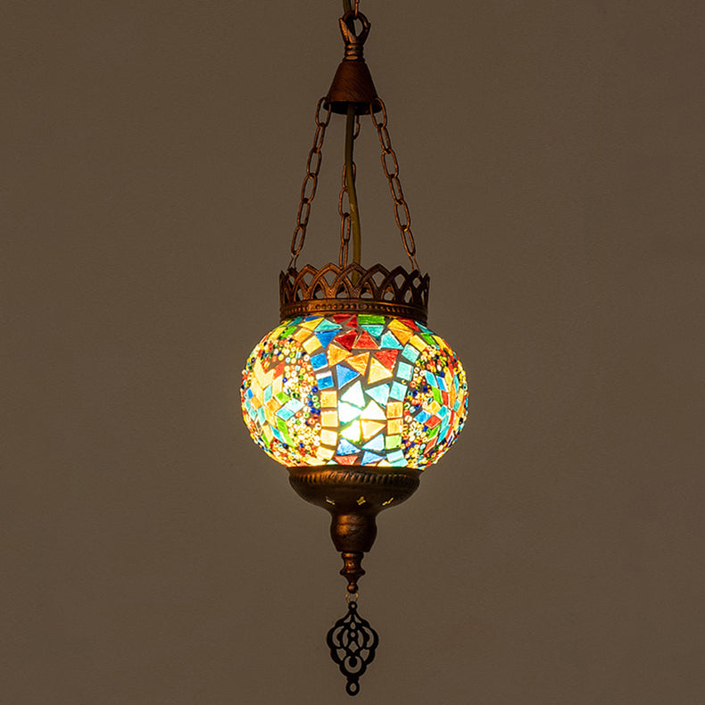 Contemporary Boho Iron Frame Stained Glass Ball Shade 1-Light Pendant Light For Living Room