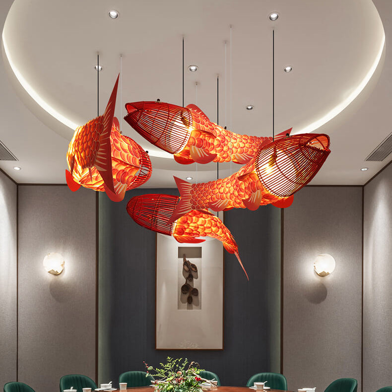 Traditional Chinese Koi Fish Iron PVC Fabric 2/4 Light Chandelier For Dining Room