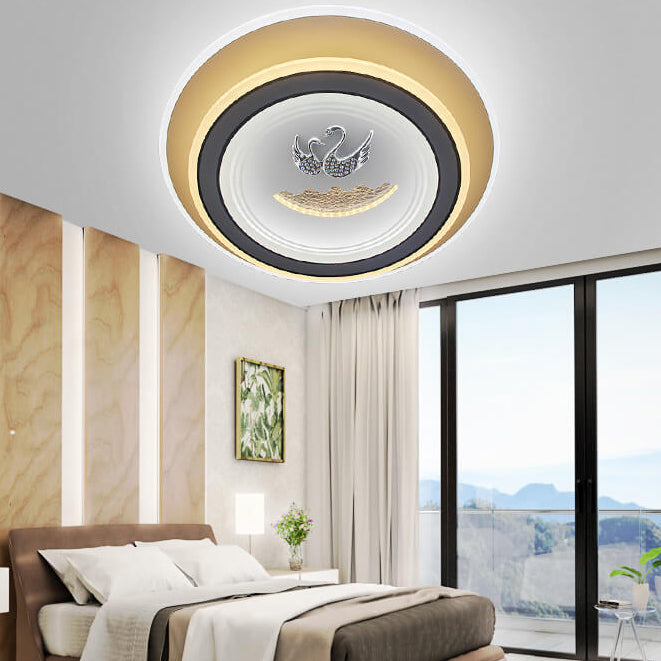 Contemporary Creative Diamond Mandarin Ducks Design Acrylic Round Shade LED Flush Mount Ceiling Light For Bedroom