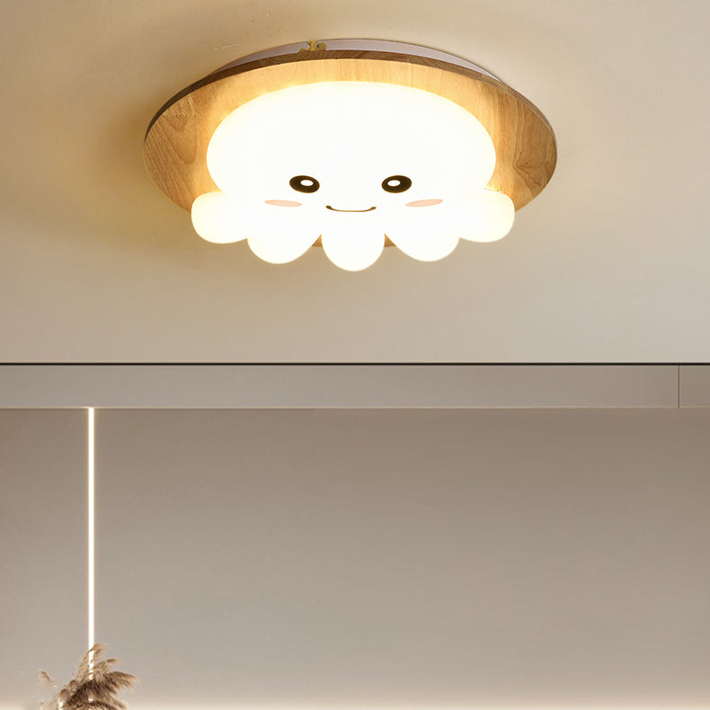 Contemporary Creative Woodgrain Cartoon Octopus Moon Acrylic LED Kids Flush Mount Ceiling Light For Living Room