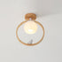 Traditional Japanese Wood Circle Ring Glass Ball Shade Bird 1-Light Semi-Flush Mount Ceiling Light For Living Room