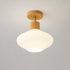 Modern Minimalist Round Lantern Wood Glass 1-Light Semi-Flush Mount Ceiling Light For Living Room