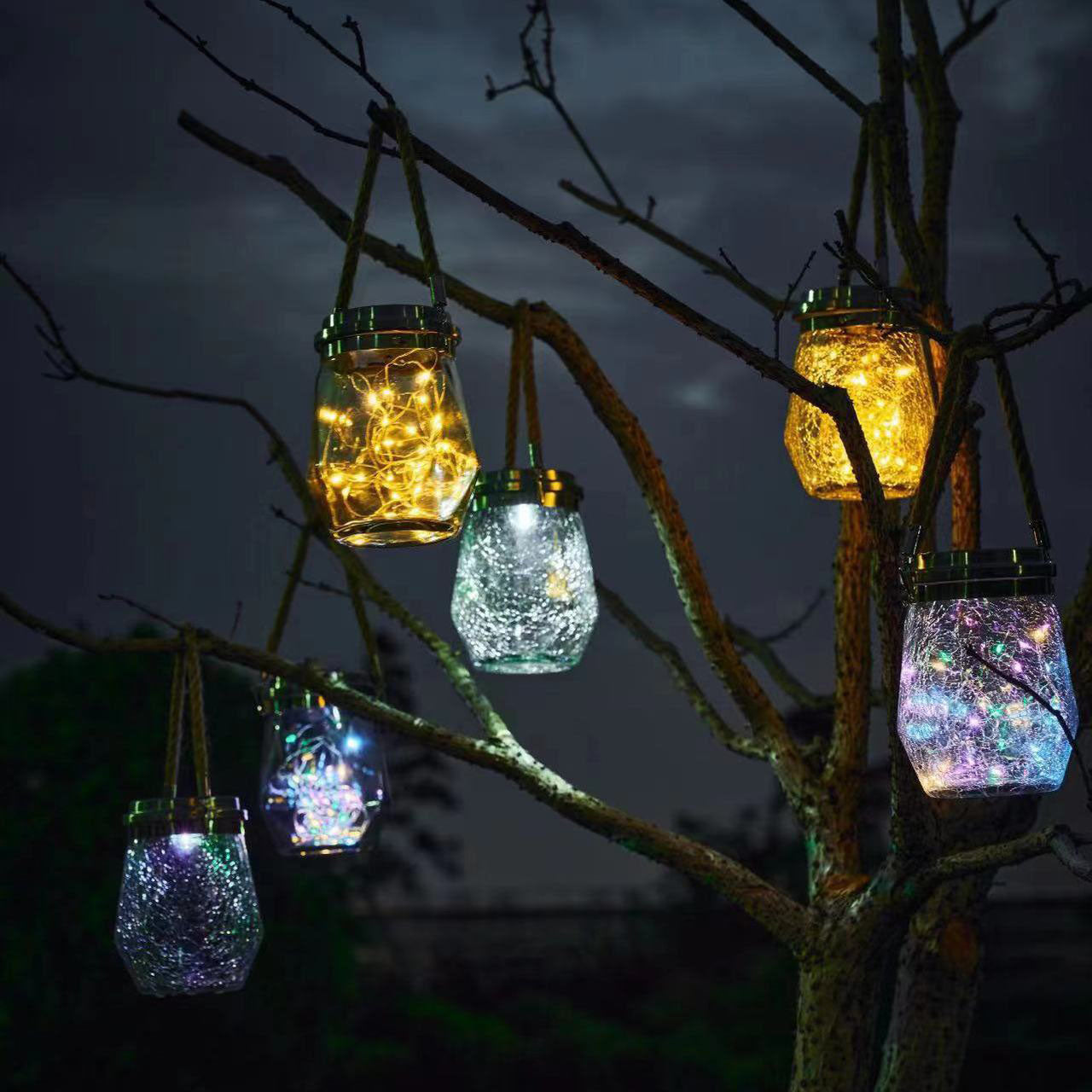 Contemporary Creative Solar Crackle Jar Outdoor Waterproof LED Hanging Light For Outdoor Patio