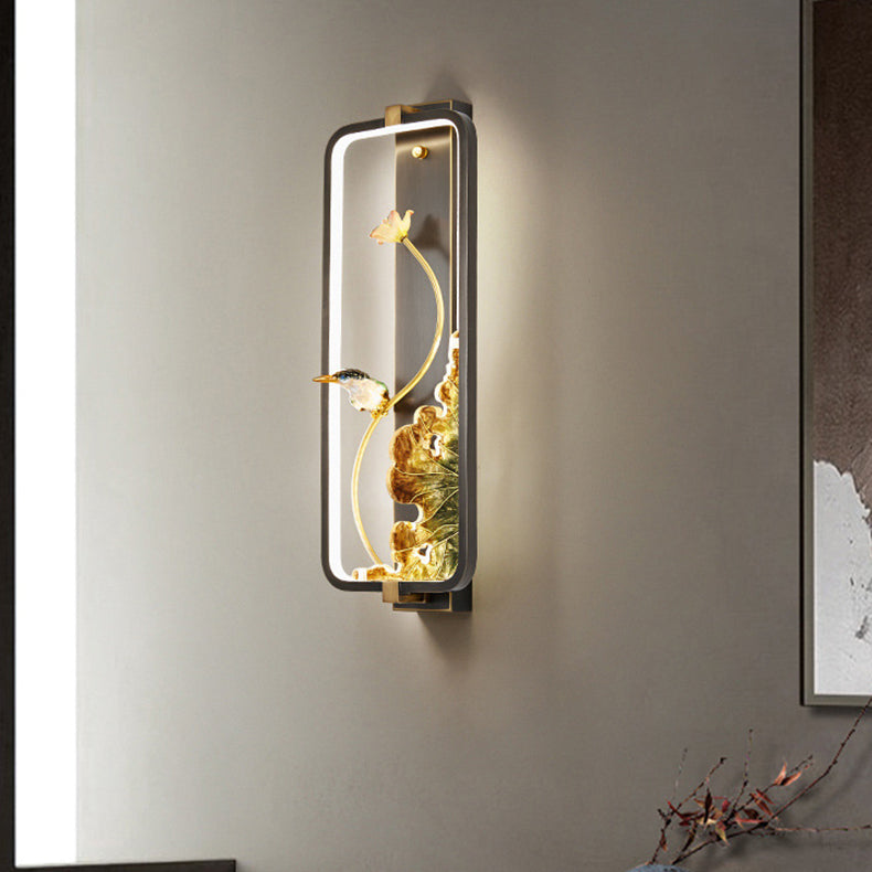 Traditional Chinese Lotus Enamel Copper Rectangular Frame LED Wall Sconce Lamp For Bedroom