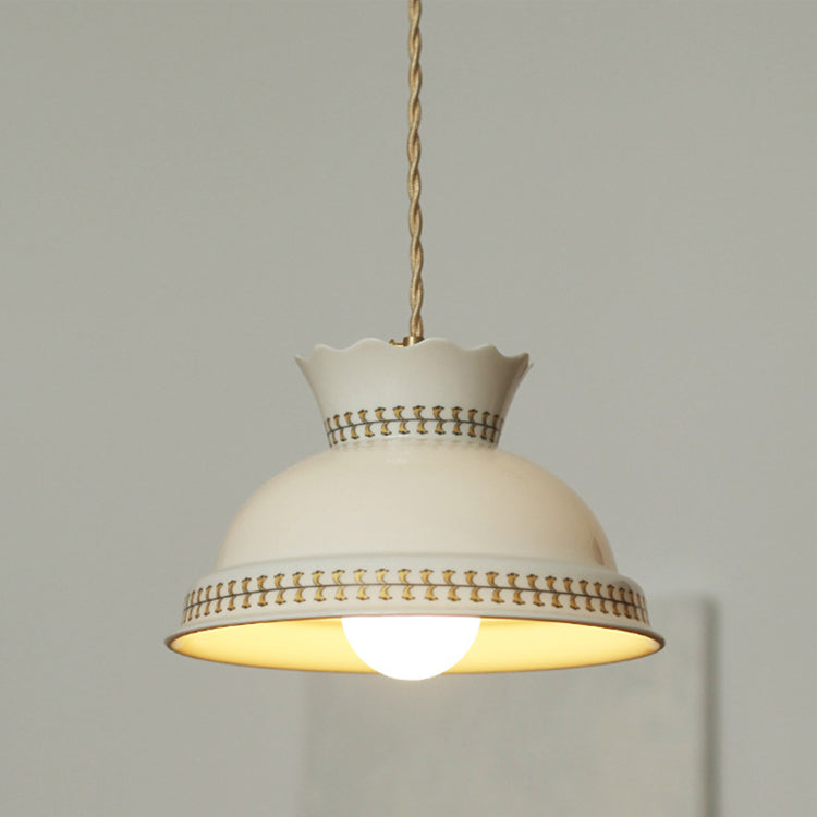 Traditional Japanese Brass Printed Ceramic Bowl-Shaped 1-Light Pendant Light For Living Room