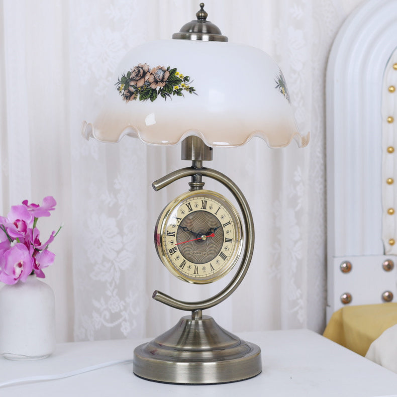 Traditional Vintage Dome Petal Clock Hardware Glass 1-Light Table Lamp For Bedroom