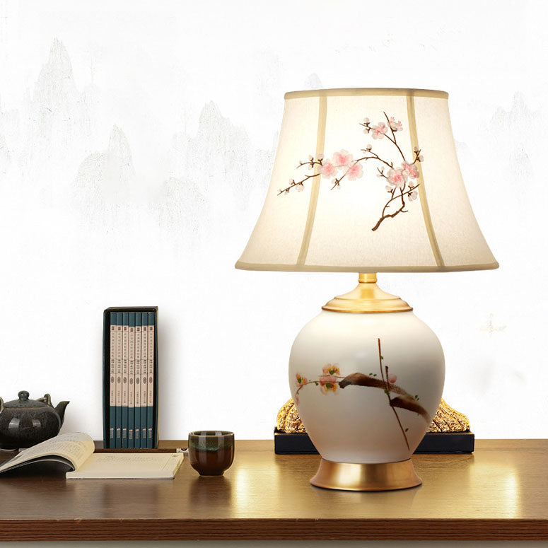 Traditional Chinese Plum Flower Embroidered Fabric Shade Ceramic Base 1-Light Table Lamp For Bedroom