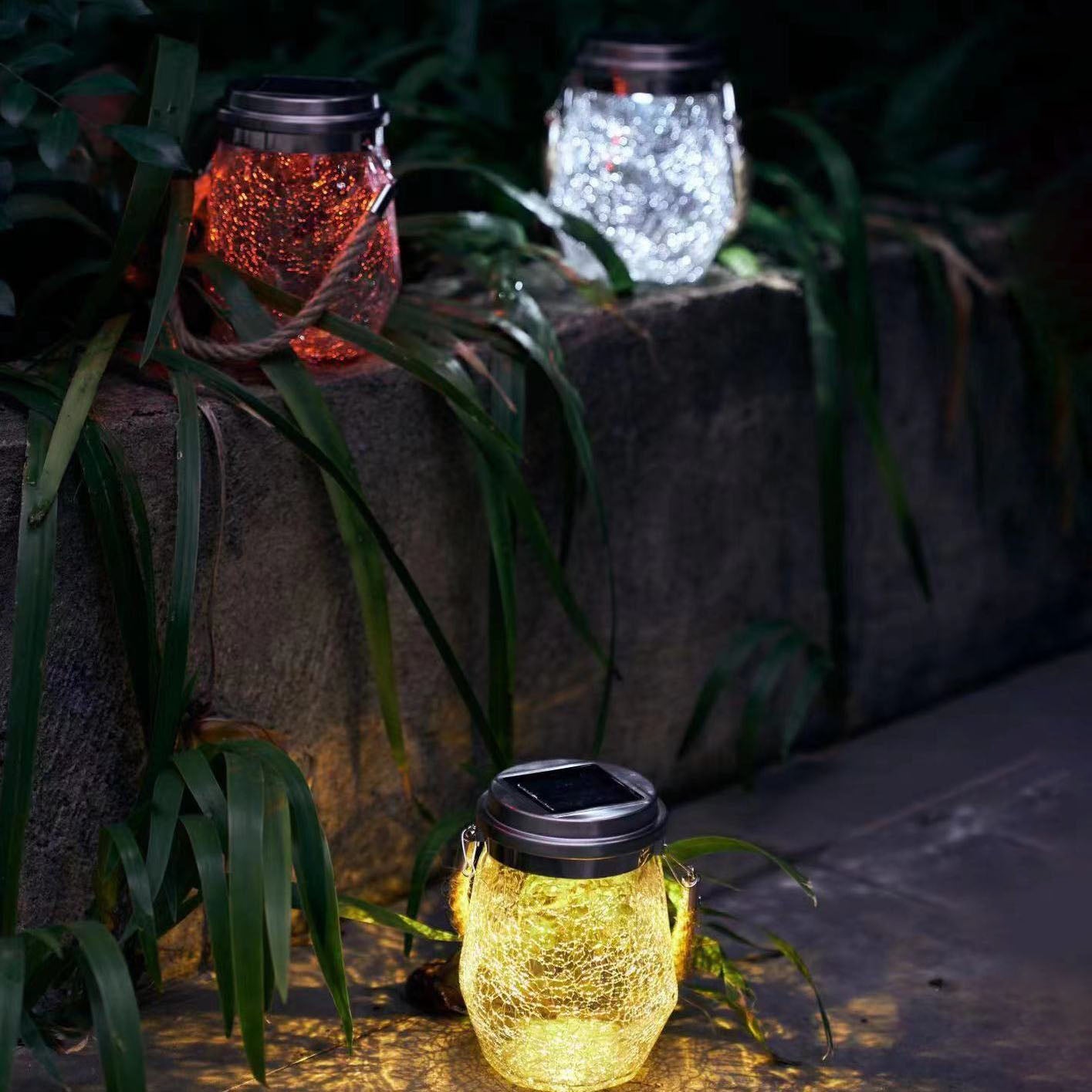 Contemporary Creative Solar Crackle Jar Outdoor Waterproof LED Hanging Light For Outdoor Patio