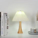 Traditional Japanese Pleated Fabric Shade Wood Column Base LED USB Table Lamp For Bedroom