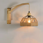 Traditional Vintage Half Round Wood Iron Hemp Rope 1-Light Wall Sconce Lamp For Bedroom