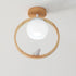 Traditional Japanese Wood Circle Ring Glass Ball Shade Bird 1-Light Semi-Flush Mount Ceiling Light For Living Room