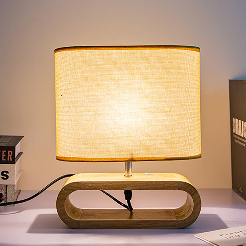 Contemporary Scandinavian Rectangular Wood Fabric 1-Light Table Lamp For Bedroom