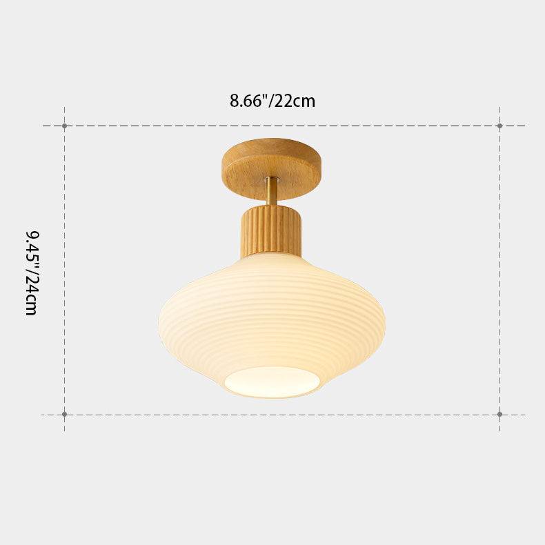 Modern Minimalist Round Lantern Wood Glass 1-Light Semi-Flush Mount Ceiling Light For Living Room