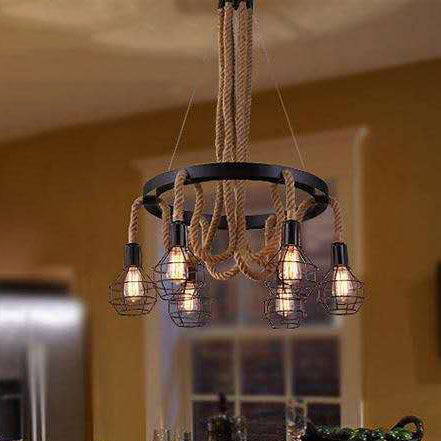 Traditional Rustic Hemp Rope Weaving Iron Cage 6/8-Light Chandelier For Dining Room