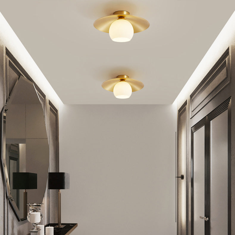 Contemporary Nordic Cream Round All Copper Glass 1-Light Semi-Flush Mount Ceiling Light For Hallway