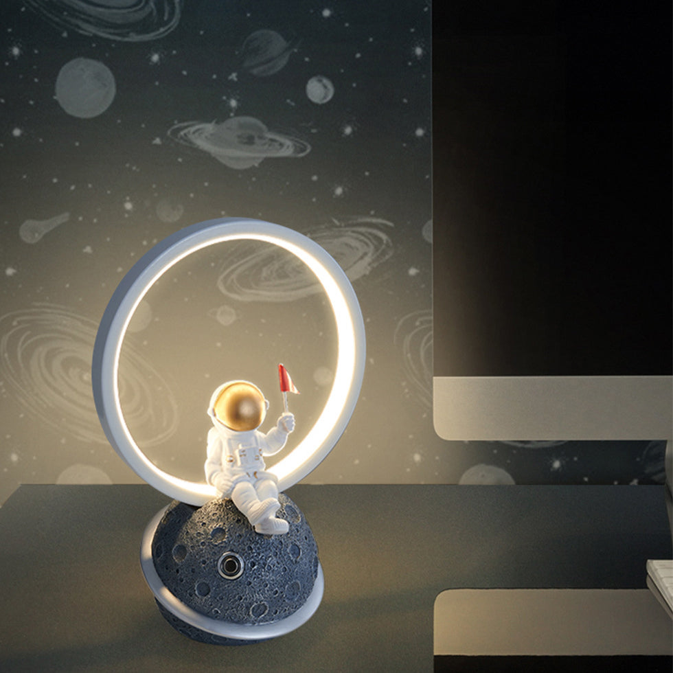 Contemporary Creative Resin Cartoon Astronaut Planet Iron Ring LED Kids Table Lamp For Bedroom