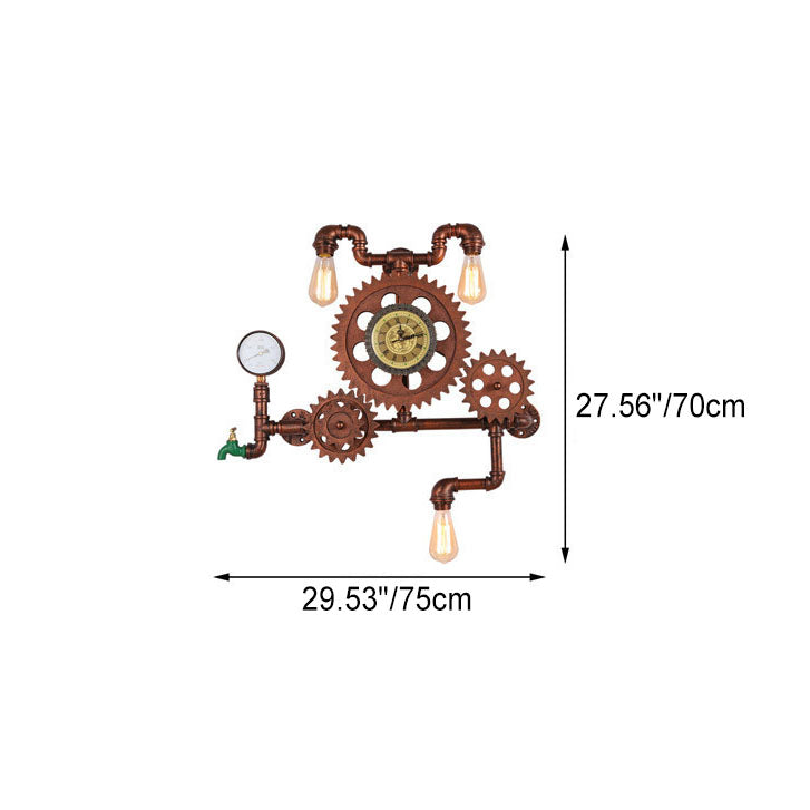 Contemporary Industrial Iron Water Pipe Wood Gear Dashboard 3-Light Wall Sconce Lamp For Entertainment Room