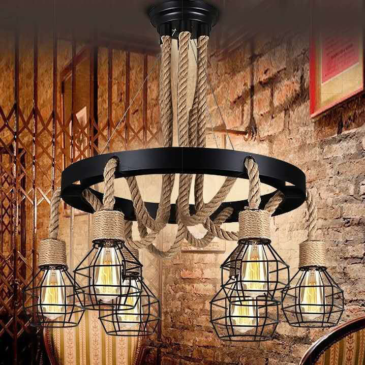 Traditional Rustic Hemp Rope Weaving Iron Cage 6/8-Light Chandelier For Dining Room