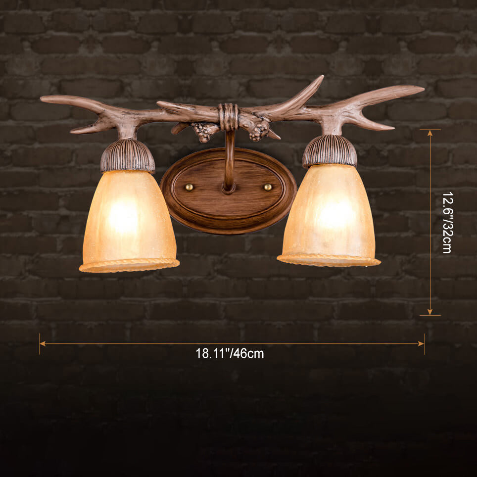 Traditional Vintage Antler Iron Resin Faux Parchment Shade 2-Light Wall Sconce Lamp For Living Room