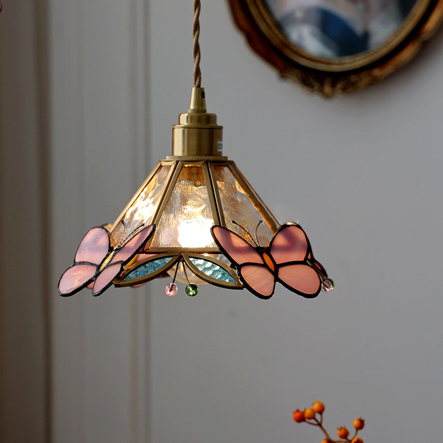 Traditional Vintage Cone Butterfly Brass Glass 1-Light Pendant Light For Living Room