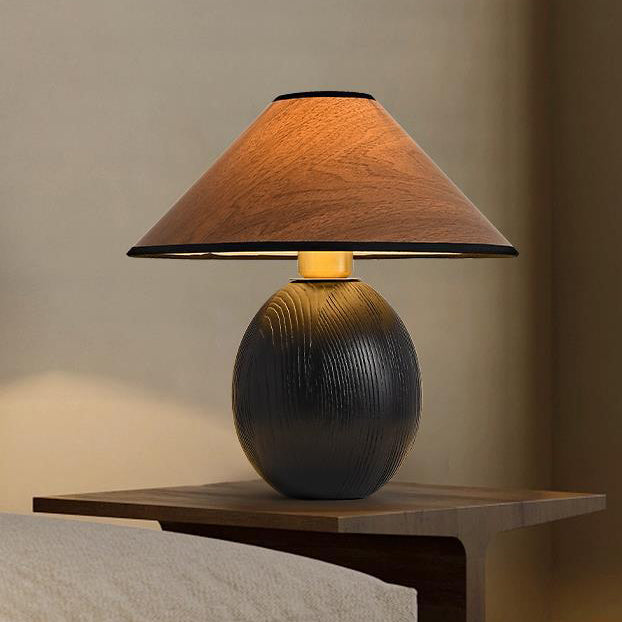 Traditional Japanese Round Trapezoidal Solid Wood Fabric 1-Light Table Lamp For Bedroom