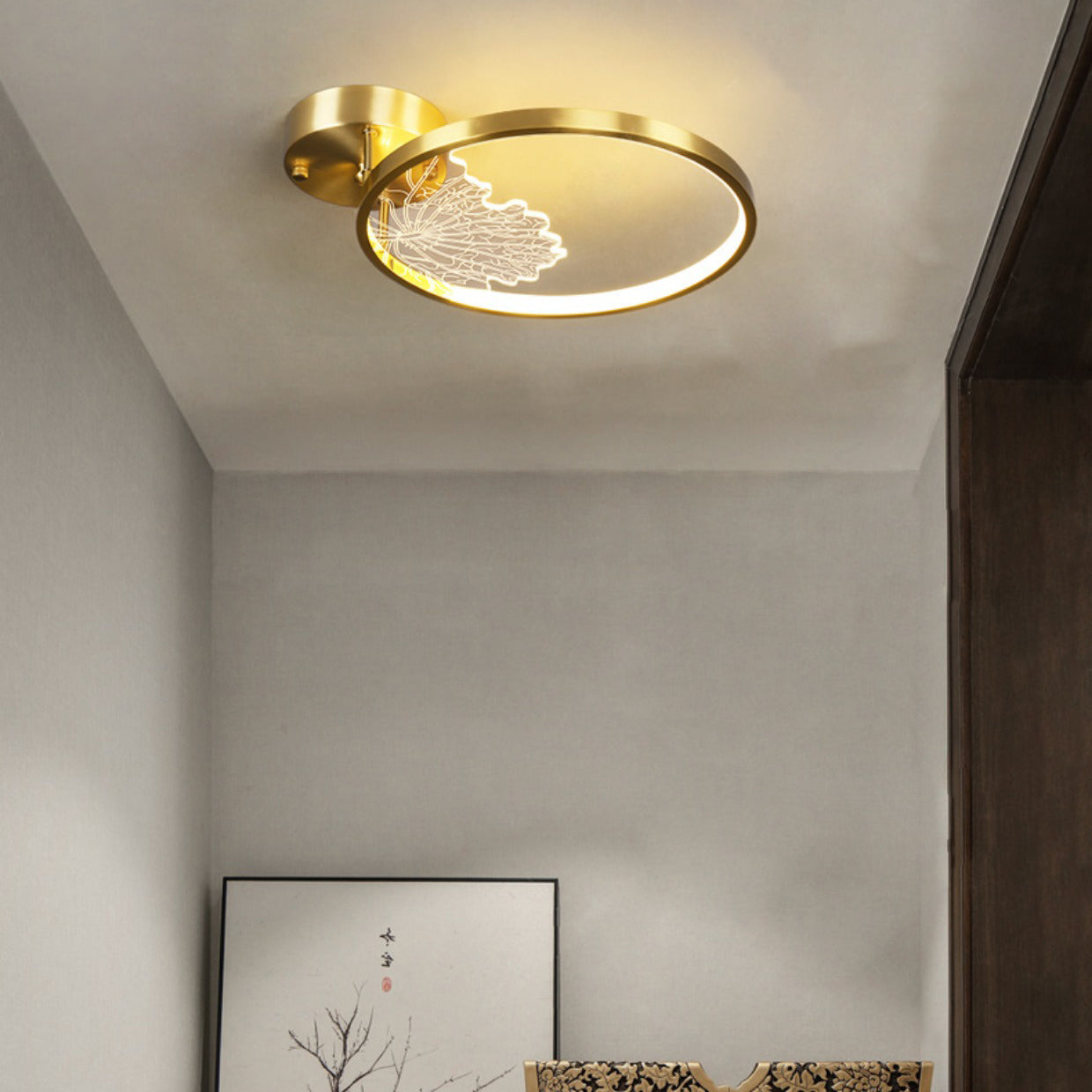 Traditional Chinese Circle Lotus Leaf Full Copper Silicone LED Semi-Flush Mount Ceiling Light For Living Room