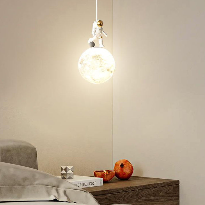 Modern Minimalist Astronaut Moon Iron Resin LED Pendant Light For Bedroom