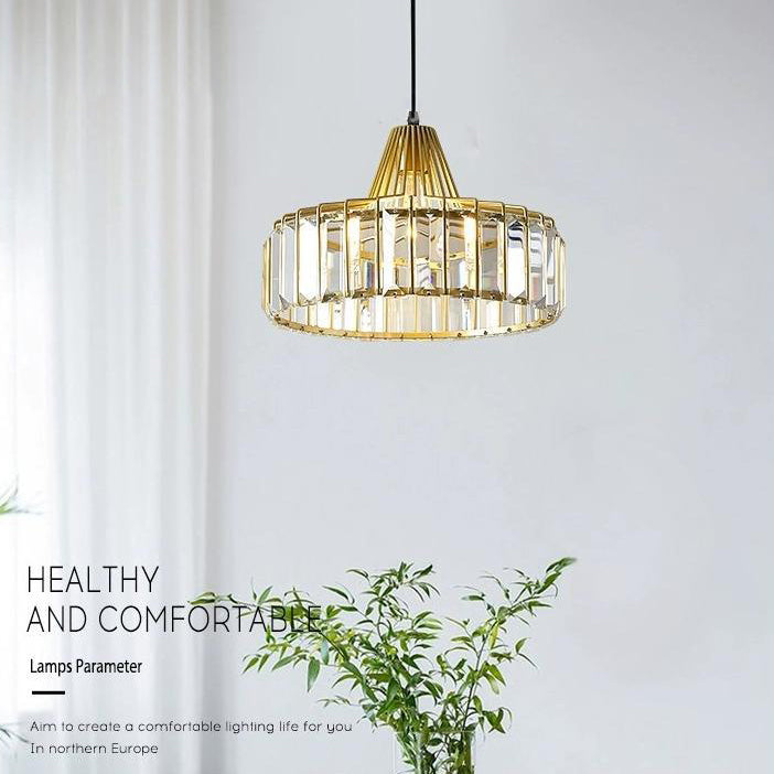 Contemporary Luxury Iron Cylinder Frame Crystal Shade 1-Light Pendant Light For Living Room