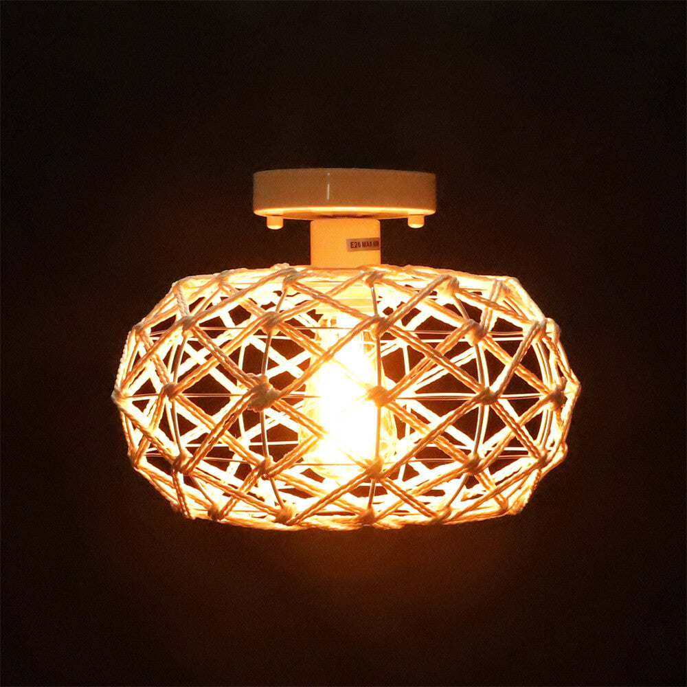 Contemporary Coastal Oval Iron Paper Rope 1-Light Semi-Flush Mount Ceiling Light For Living Room