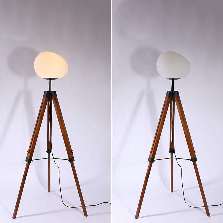 Contemporary Retro PE Round Shade Adjustable Wood Tripod Stand 1-Light Standing Floor Lamp For Bedroom