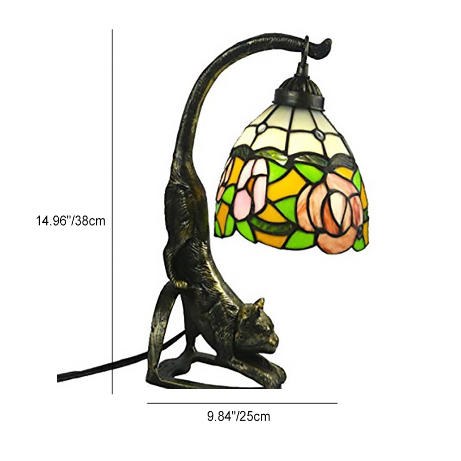 Traditional Tiffany Leopard Ladder Flower Cup Iron Glass 1-Light Table Lamp For Bedroom