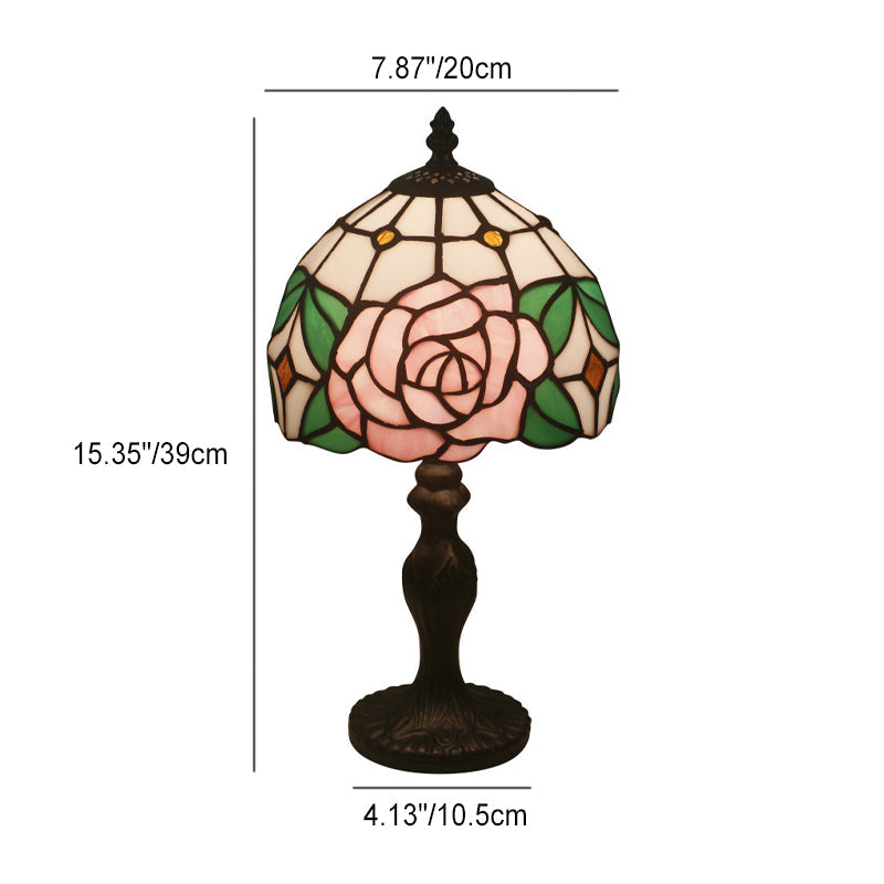 Traditional Tiffany Dome Rose Zinc Alloy Stained Glass 1-Light Table Lamp For Bedroom